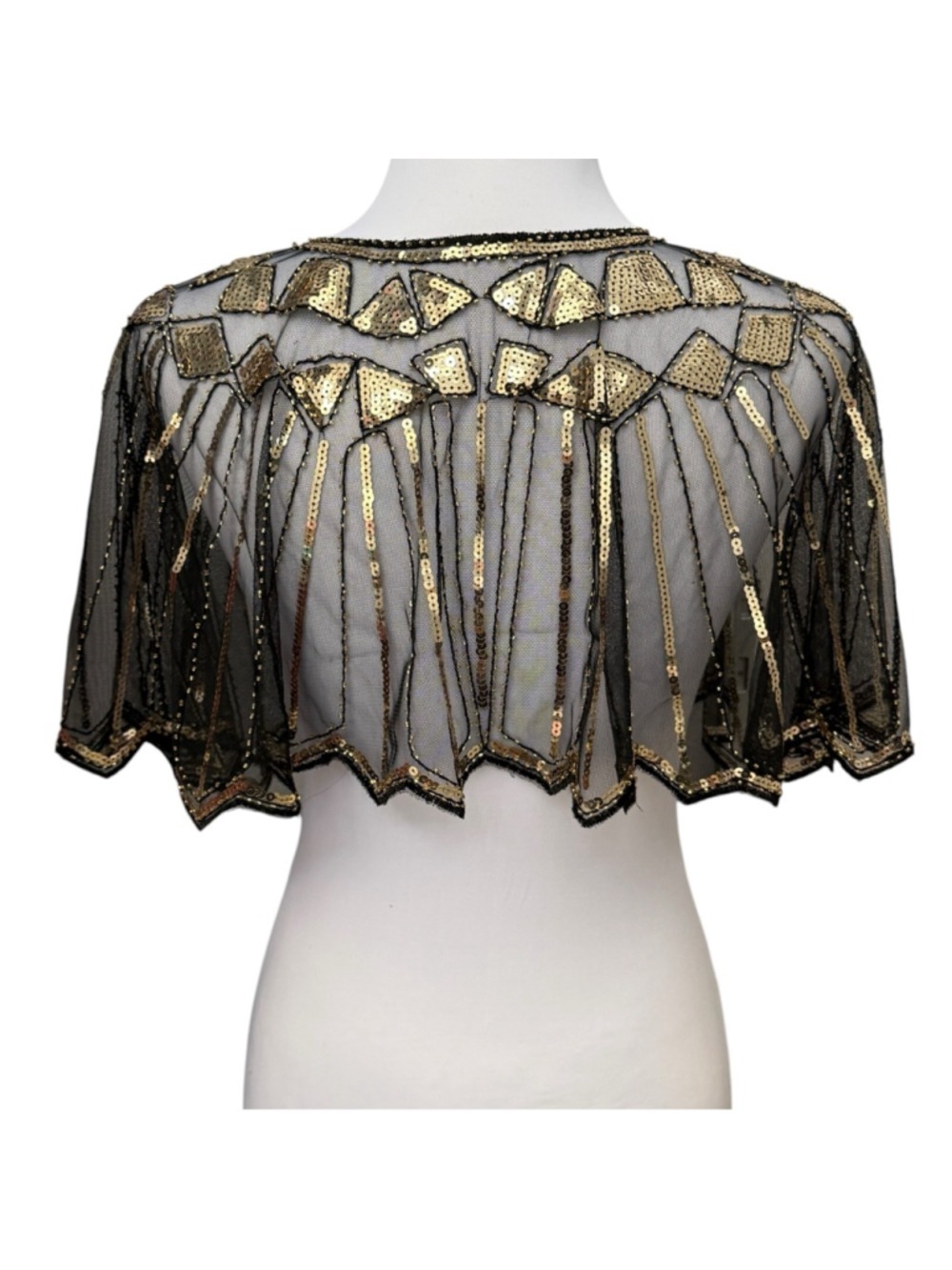 Art Deco Sequin Capelet Black Gold Beaded Overlay O/S - Picture 3 of 3